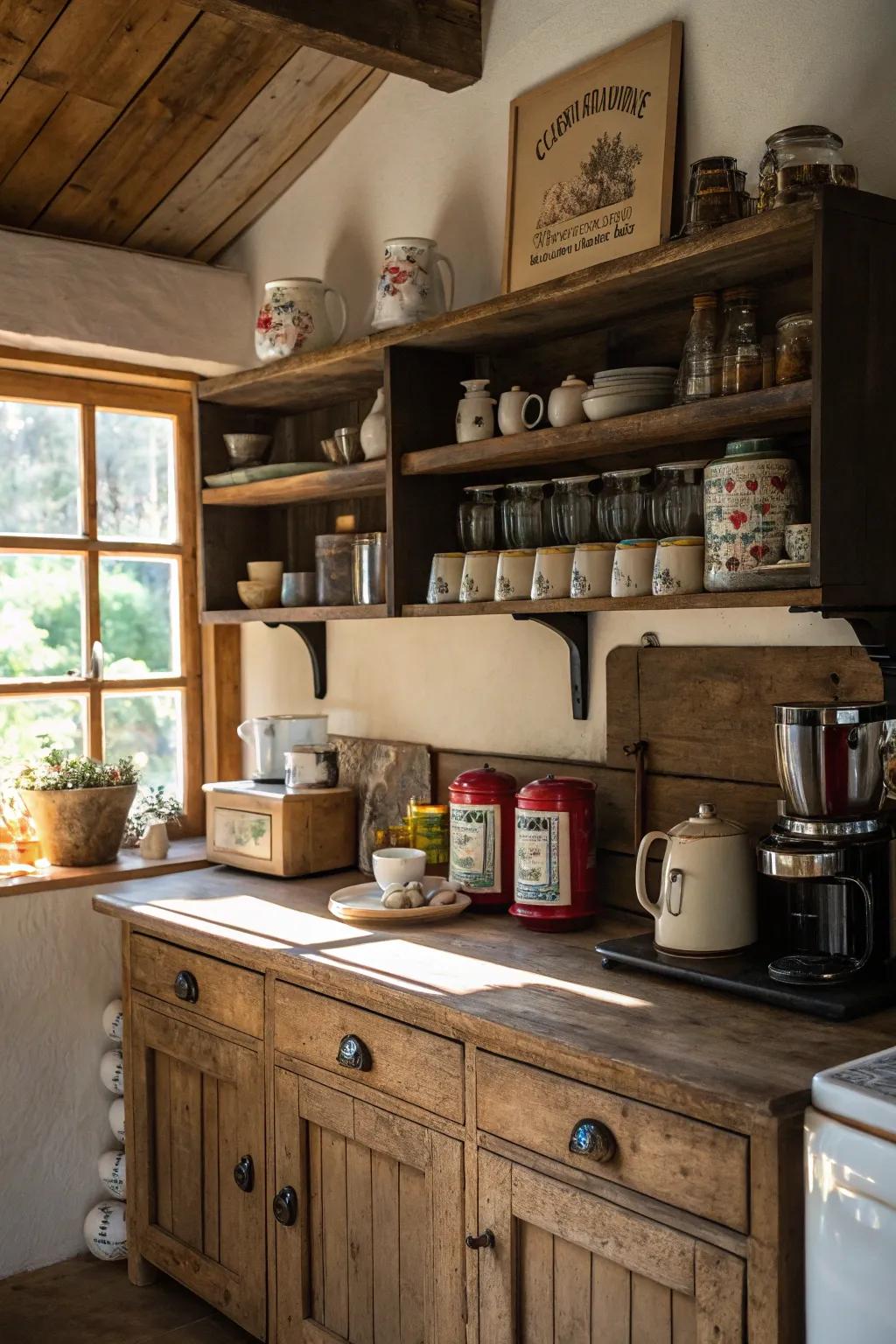 Open shelves add both storage and style to your coffee station.