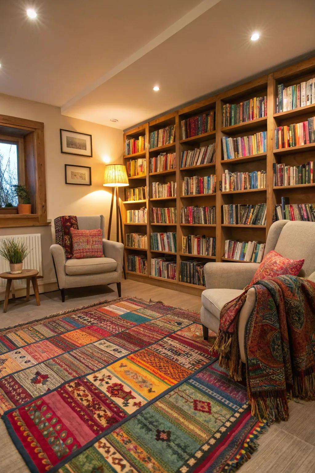 Layered textiles bring warmth and color to a reading space.