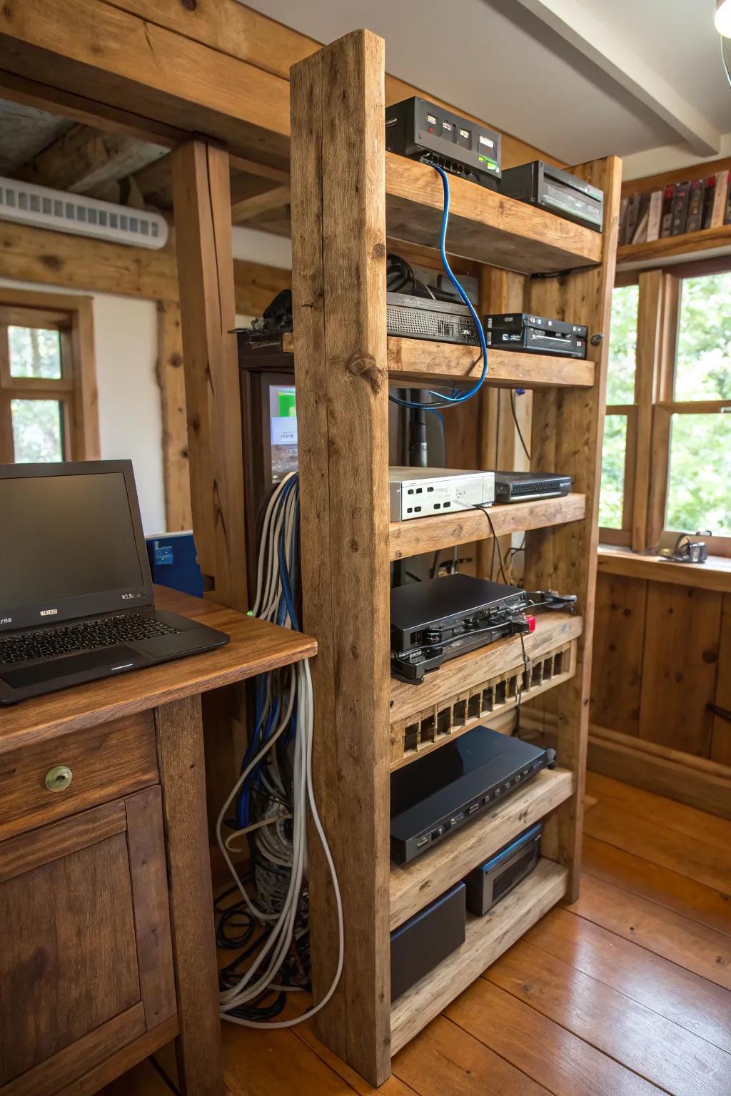Craft your own wooden rack for a personal and stylish network setup.