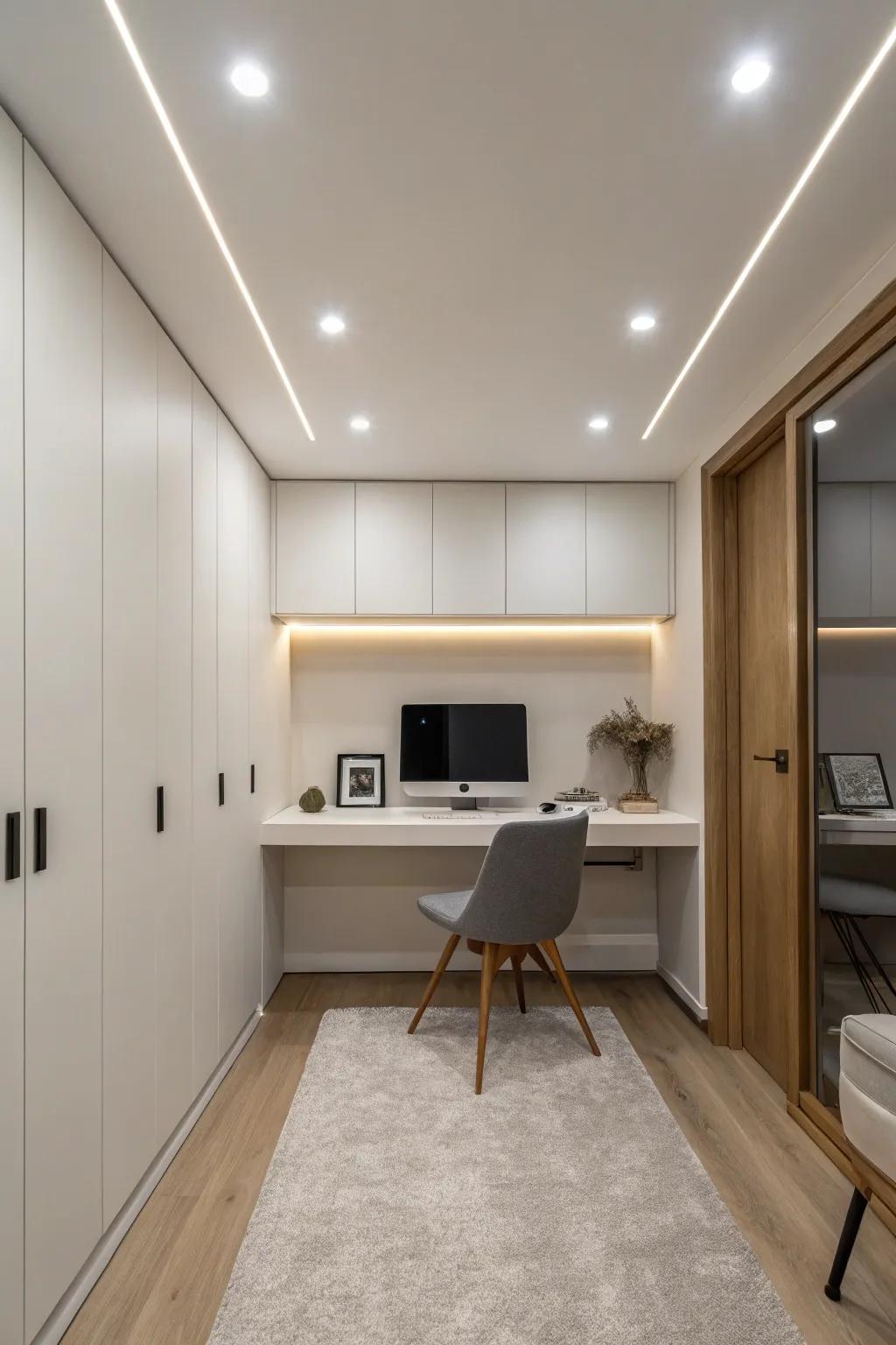 Recessed lighting offers a sleek, modern solution for home office illumination.