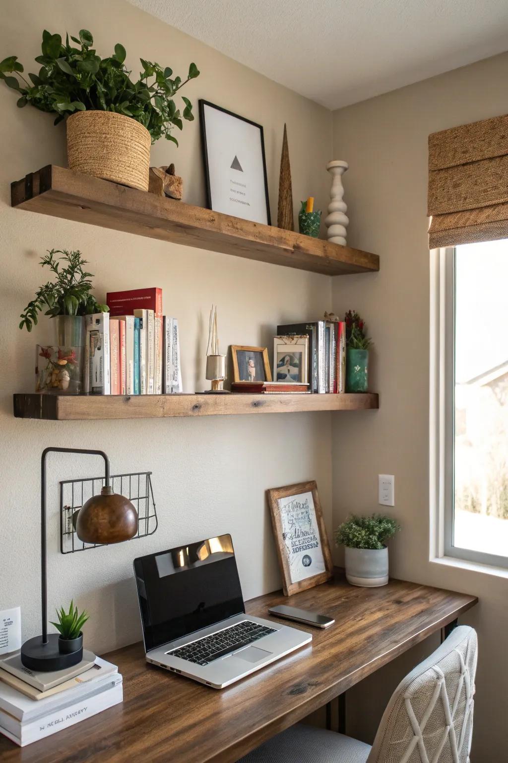 Floating shelves offer both storage and style.