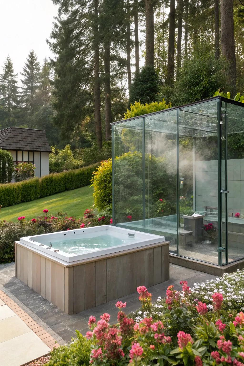 Sleek glass walls provide a modern touch while maintaining a connection to nature.