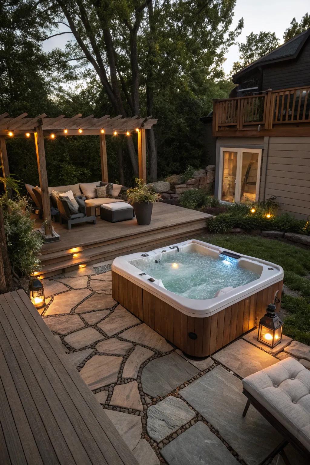 A harmonious deck and patio setting with a central hot tub.