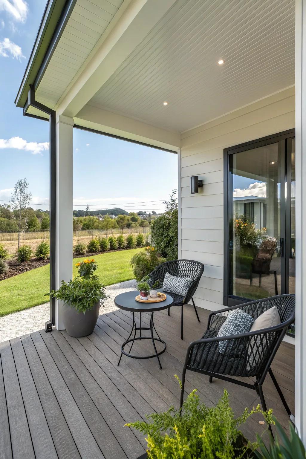 A cozy seating area invites relaxation on this modern porch.