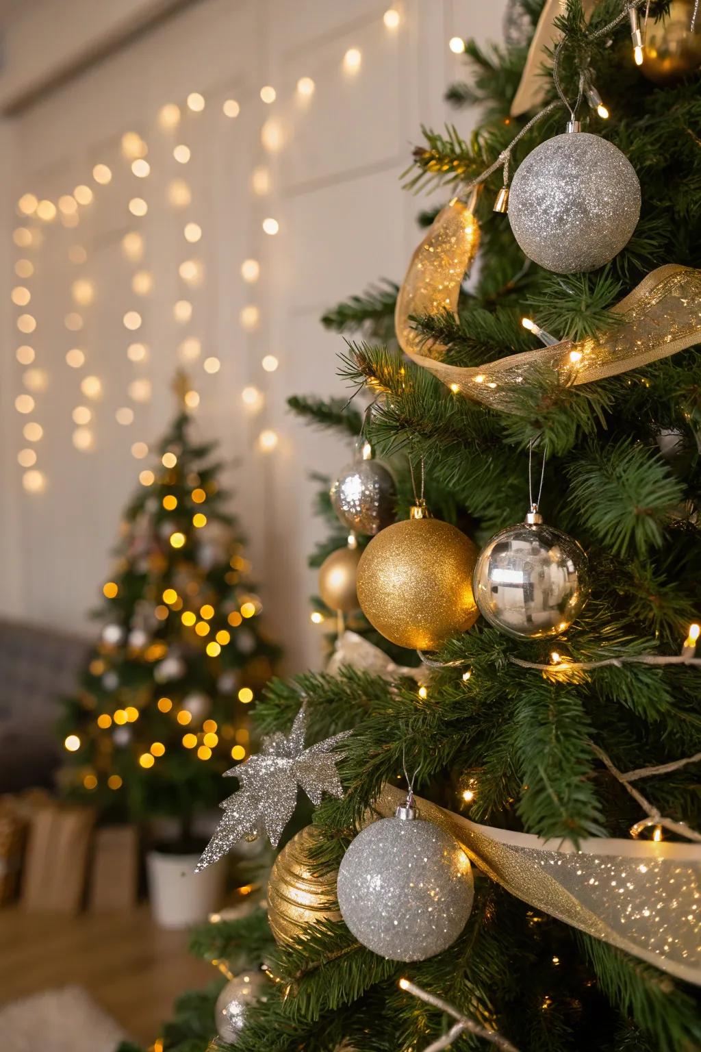 A glamorous Christmas tree with gold and silver accents that shimmer beautifully.