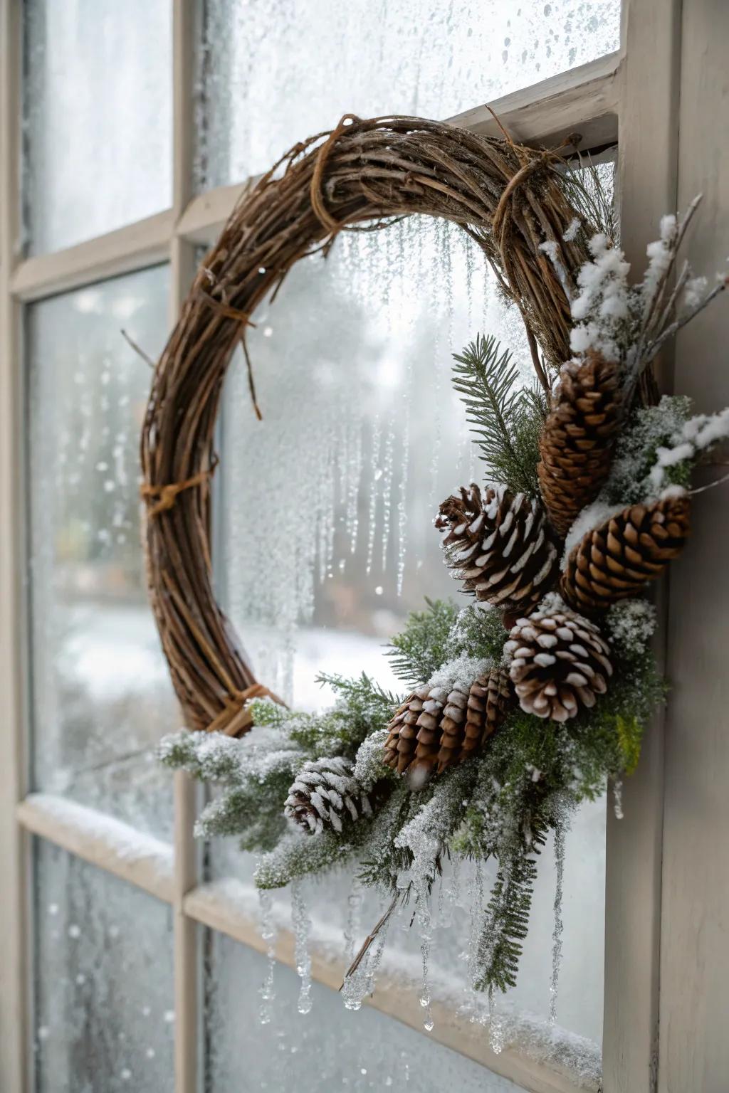 A winter wreath that evokes the serene beauty of a snowy landscape.