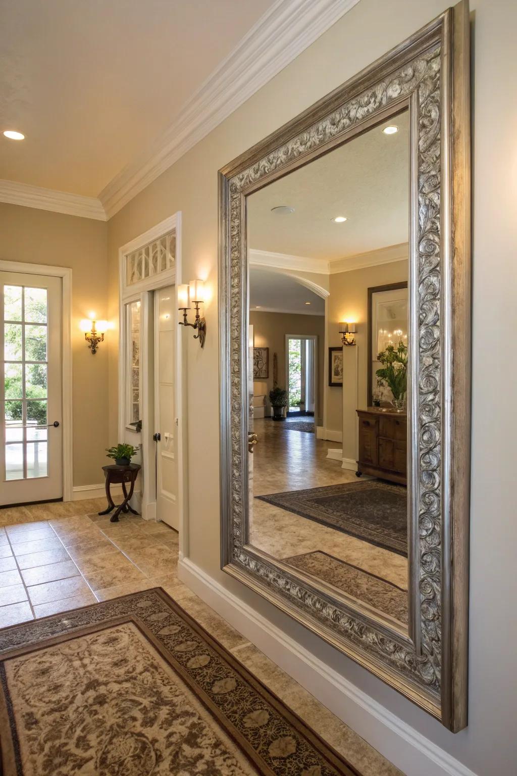 A large mirror in the entryway reflects light and creates an illusion of space.