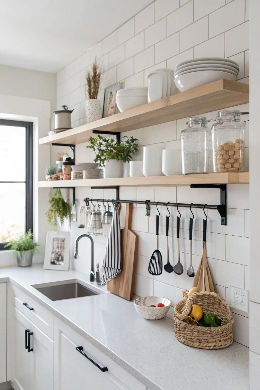 A well-organized kitchen with vertical storage solutions.