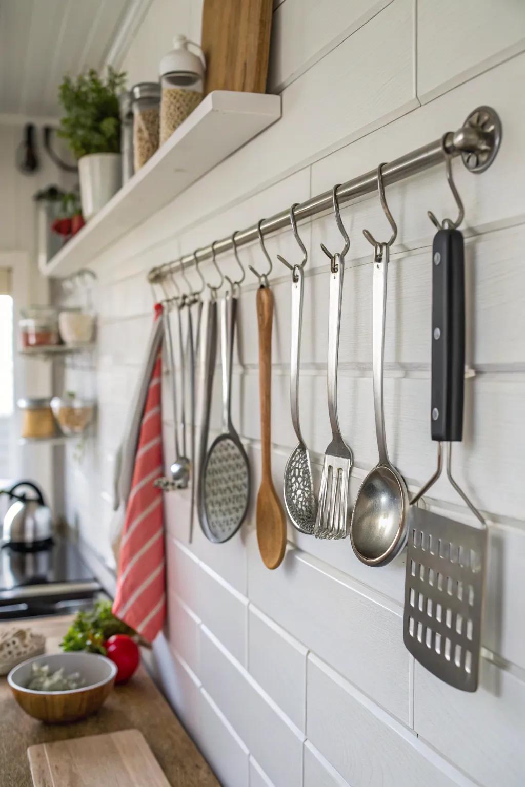 Utensils elegantly hung on wall hooks for easy reach.