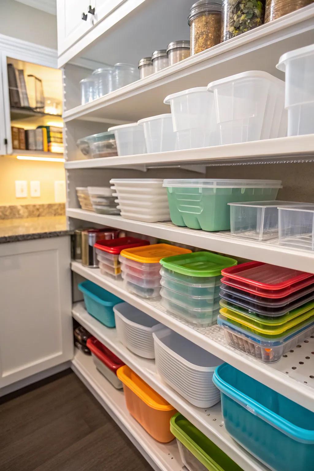 Kitchen shelves organized with plastic containers using dividers.