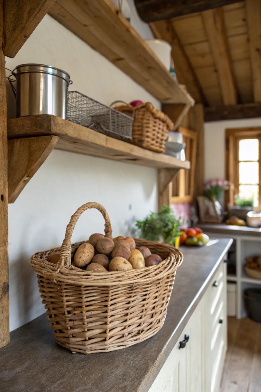 A wicker basket filled with potatoes adds rustic charm.