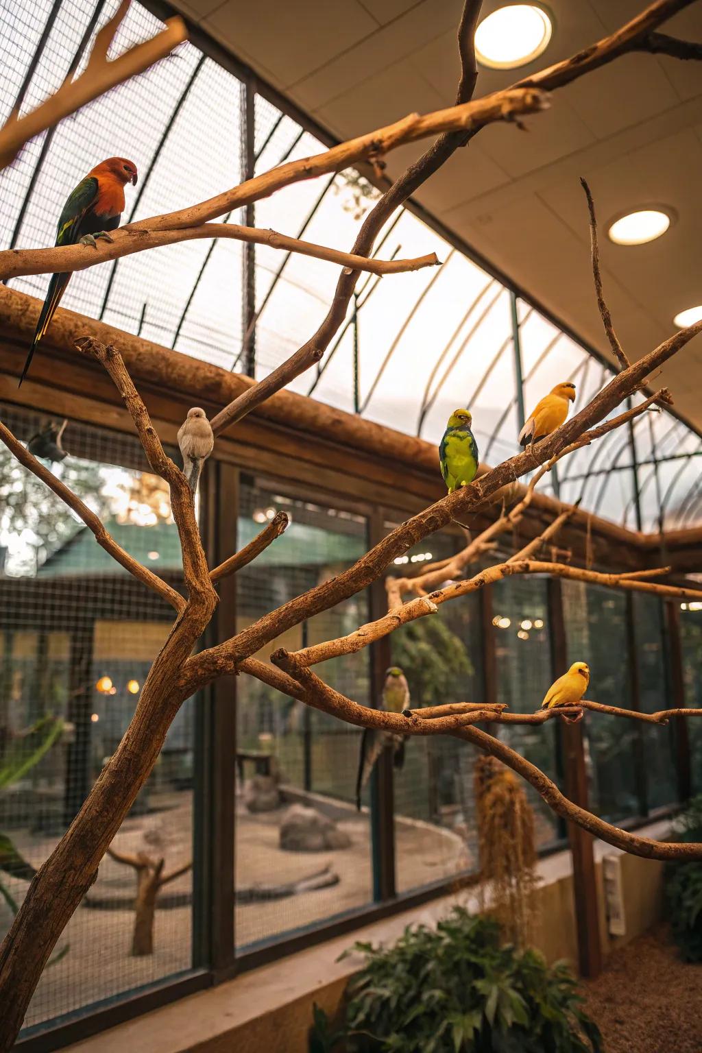 Natural branches transform an aviary into a rustic haven.