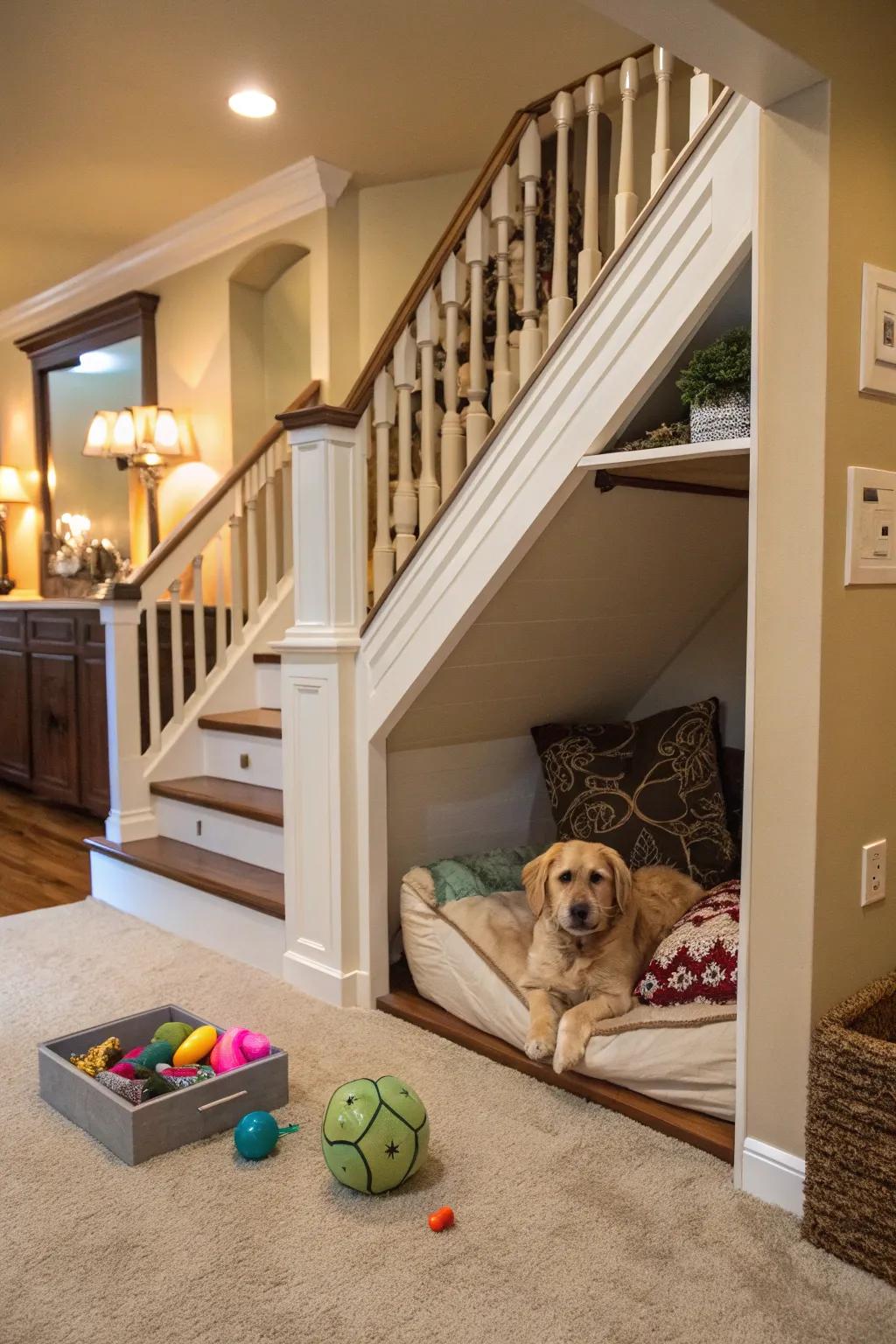 A secret hideaway under the stairs for your furry friend.