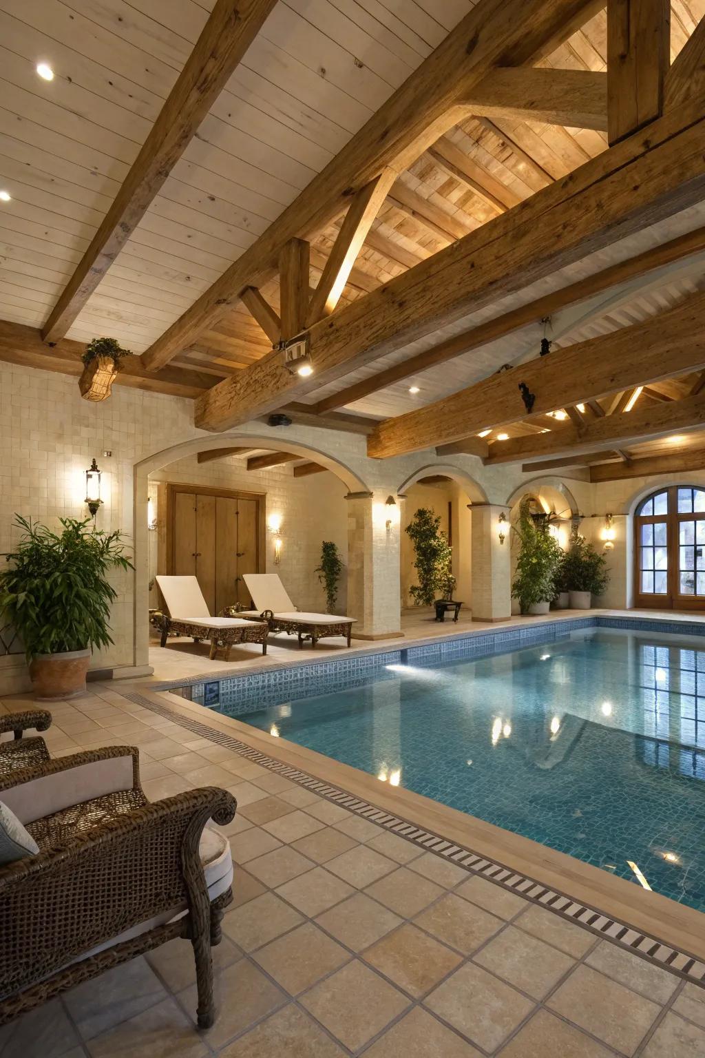 A cozy indoor pool with wooden ceiling beams