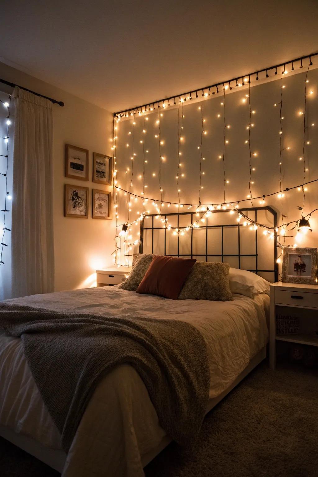 Create a warm and intimate ambiance in your bedroom with string lights.