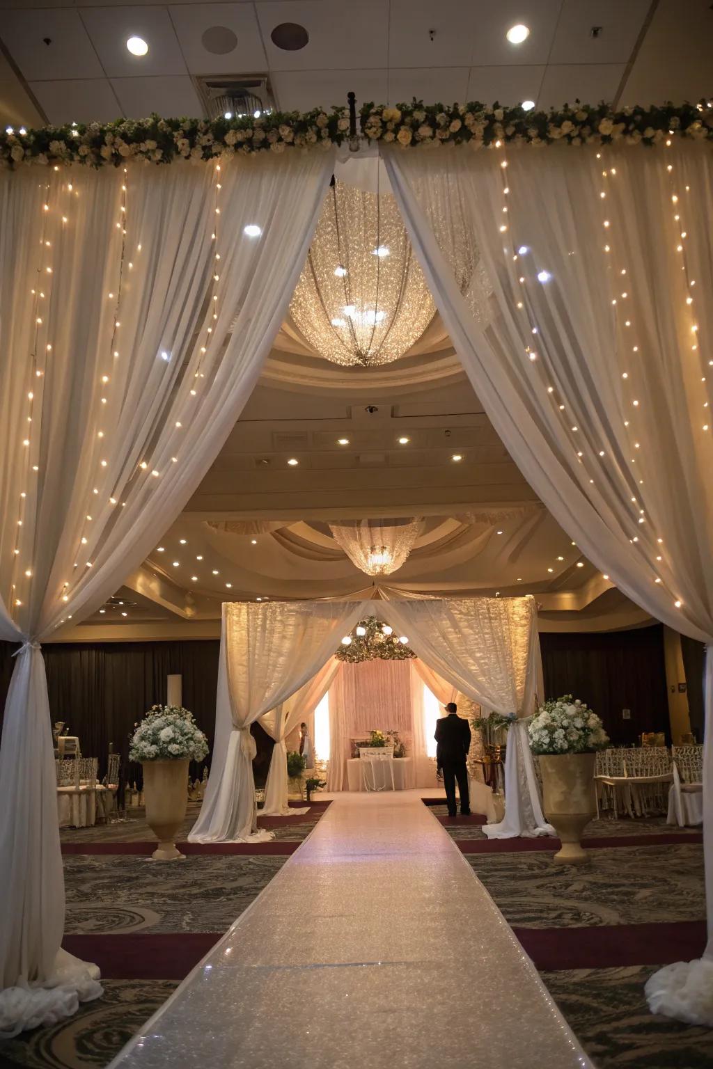 Draped fabrics and lights set a romantic wedding scene.