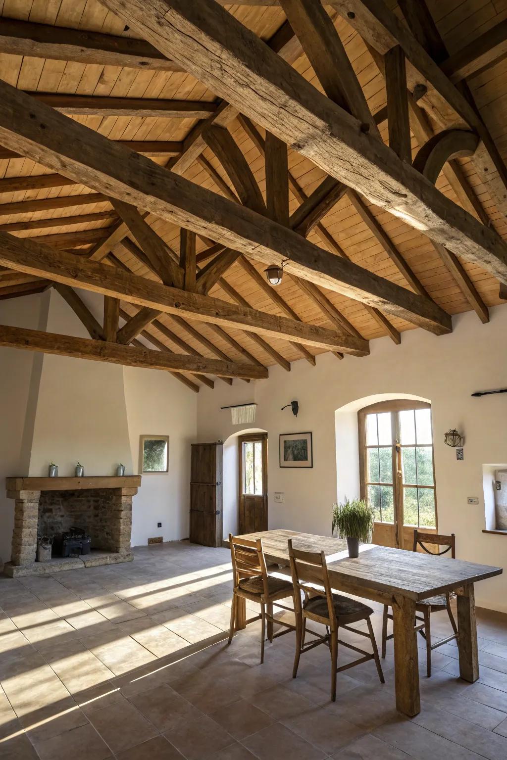 Exposed beams add a timeless rustic charm to any barndominium.