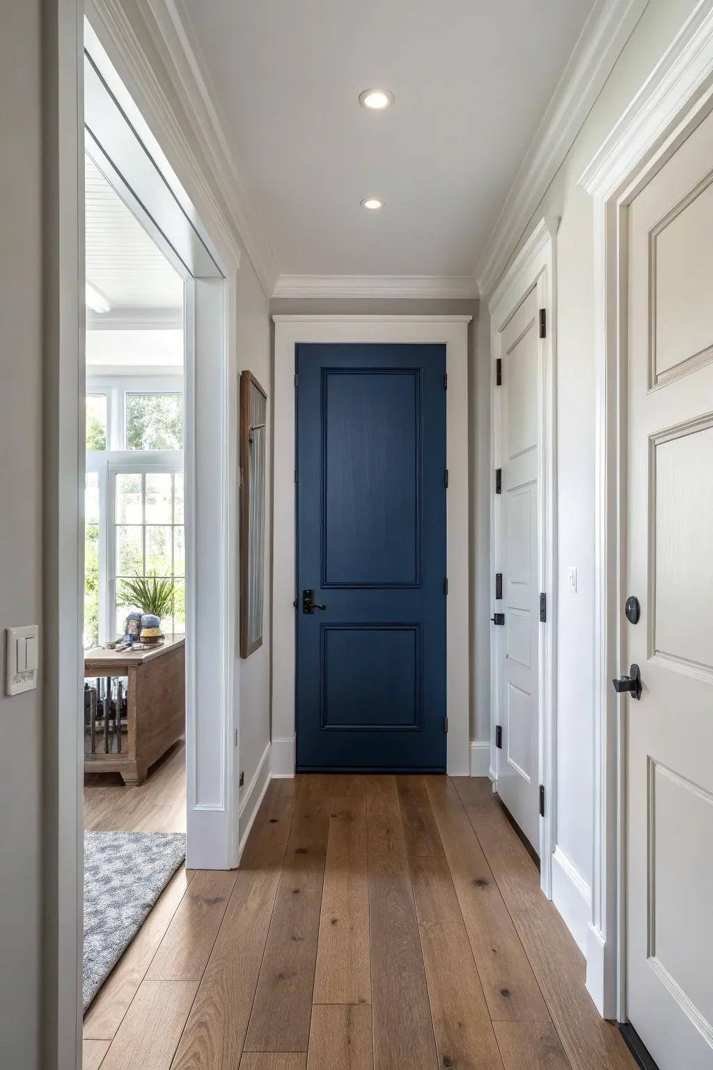 Navy blue doors that create a dramatic focal point.