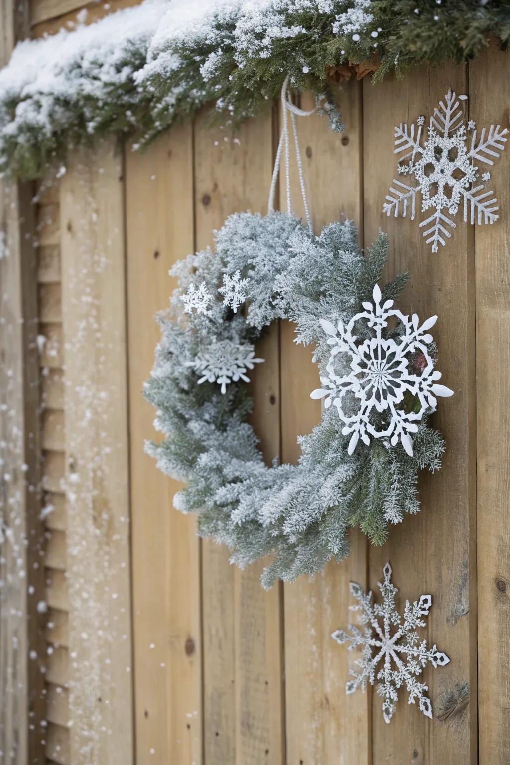 Transform your space into a winter wonderland with snowflake-adorned wreaths.