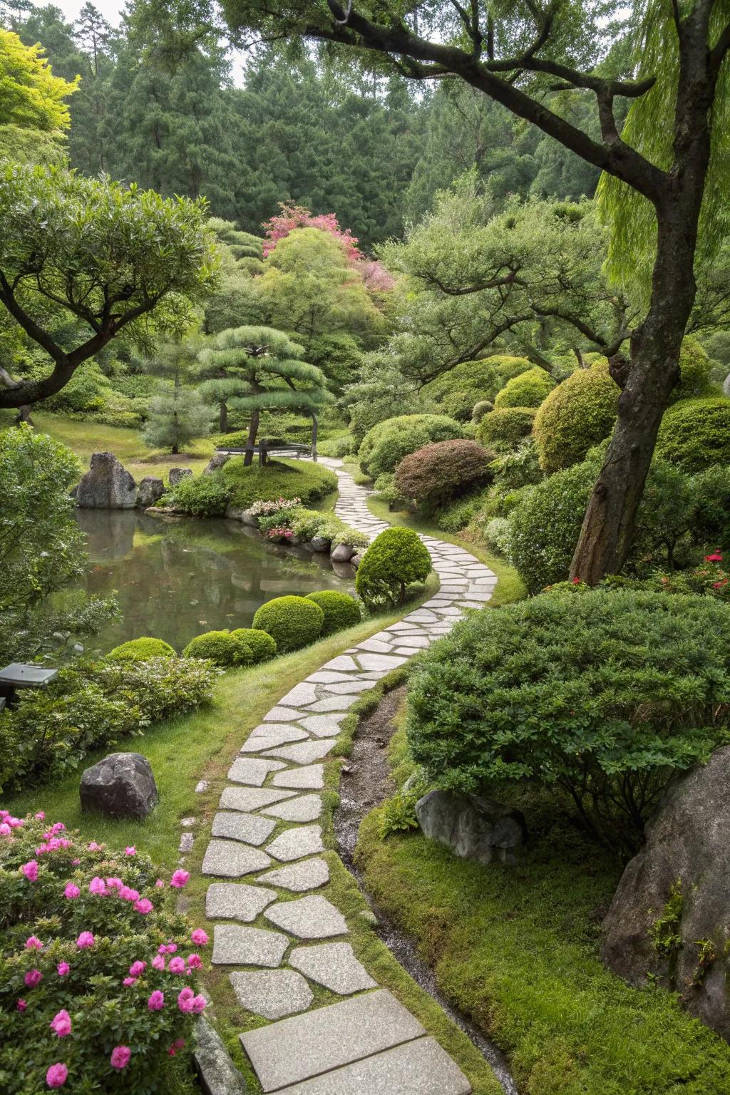 Stone pathways winding through lush greenery in a Japanese garden.