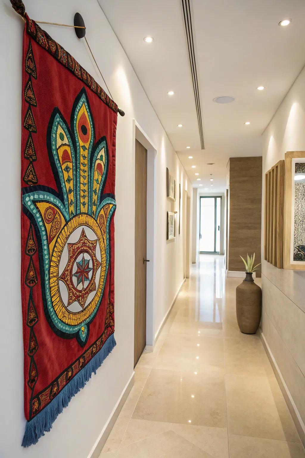 A vibrant Hamsa adding cultural flair to a hallway.