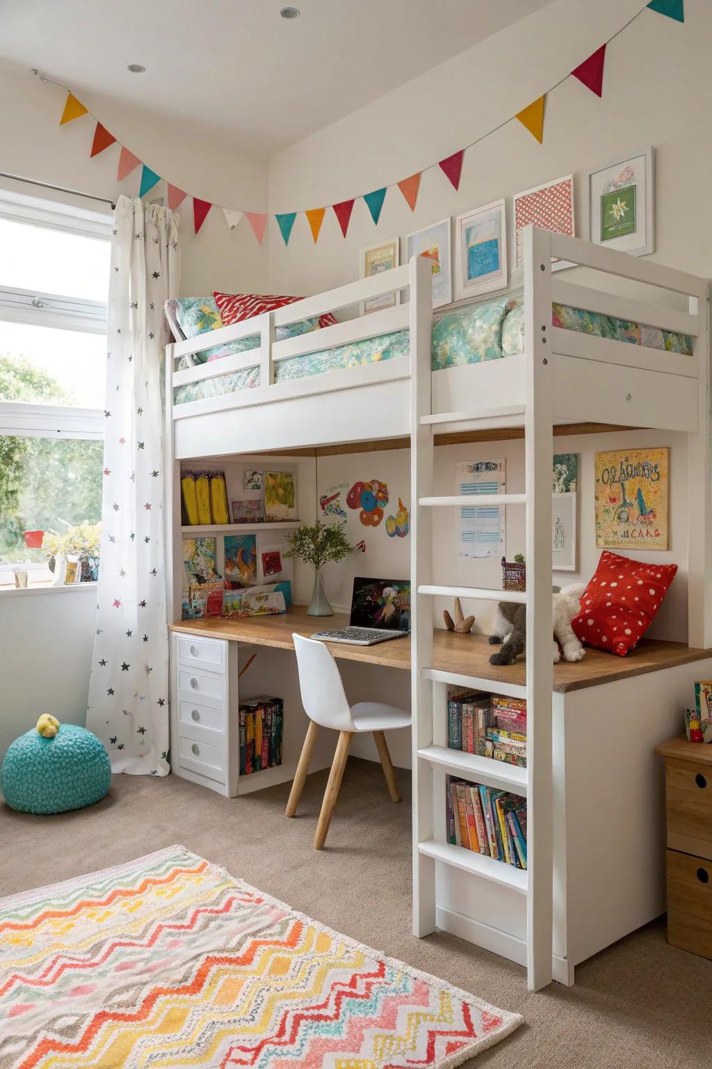 A loft bed setup that cleverly utilizes vertical space for play and study.