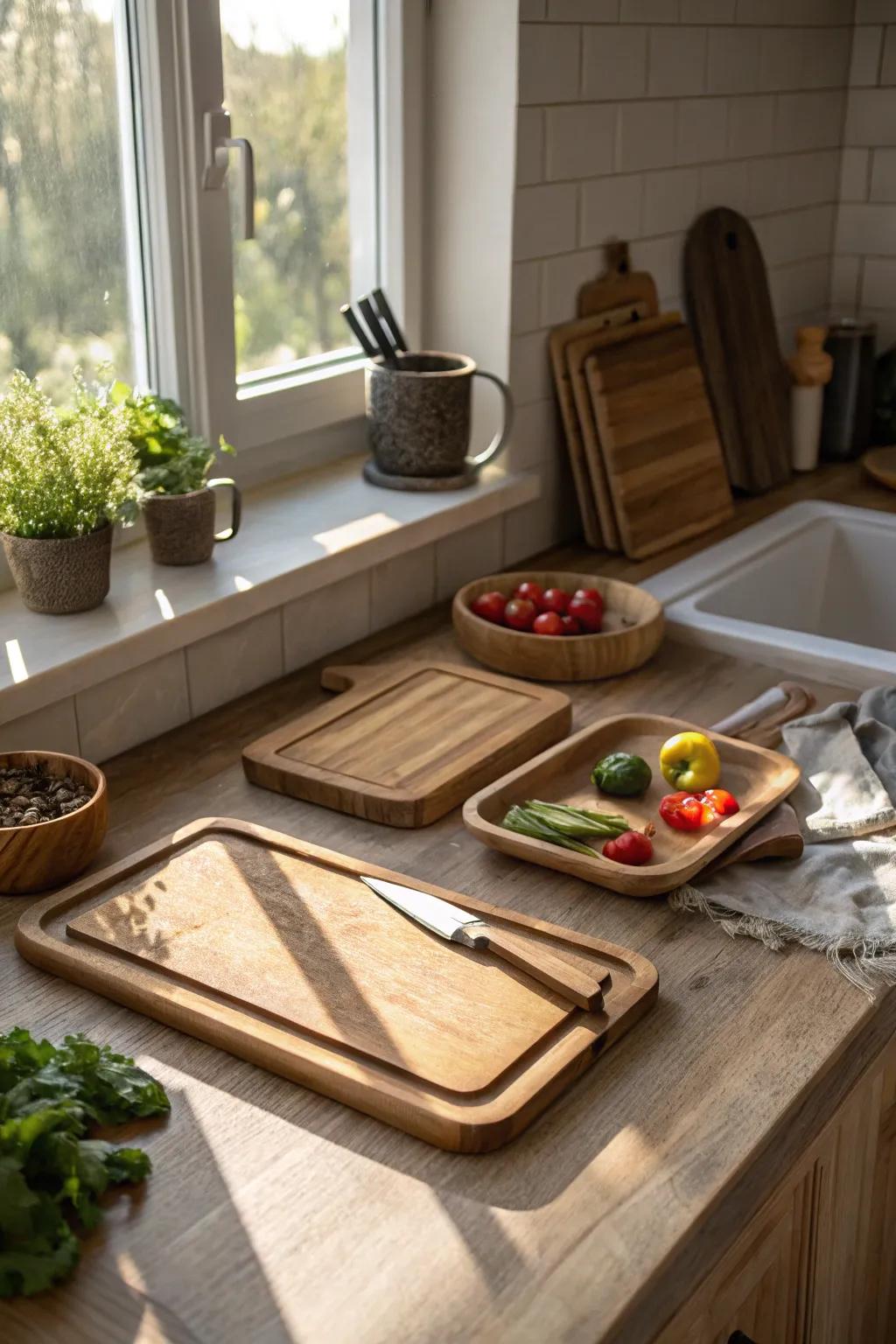 Wooden accents adding warmth to the kitchen decor.