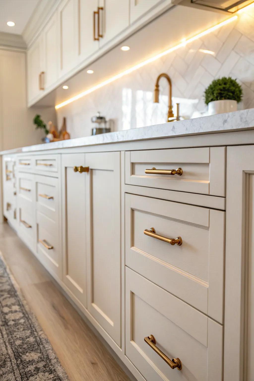 Sophisticated brushed bronze hardware that complements light-colored cabinetry.