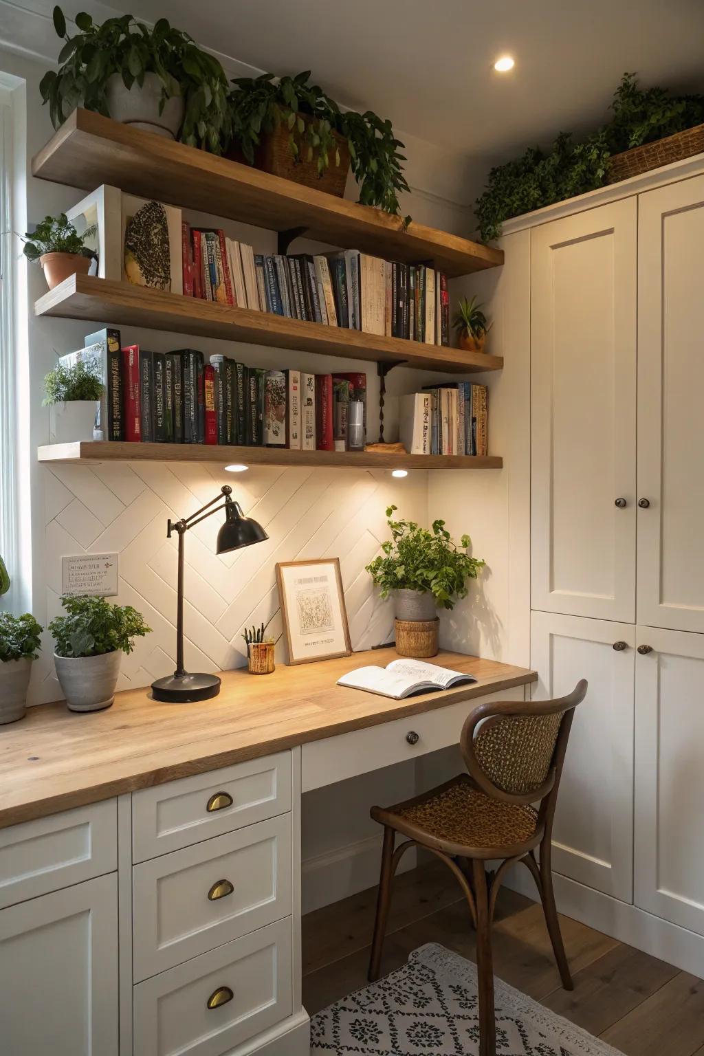 Built-in shelves add both functionality and charm to your kitchen office nook.