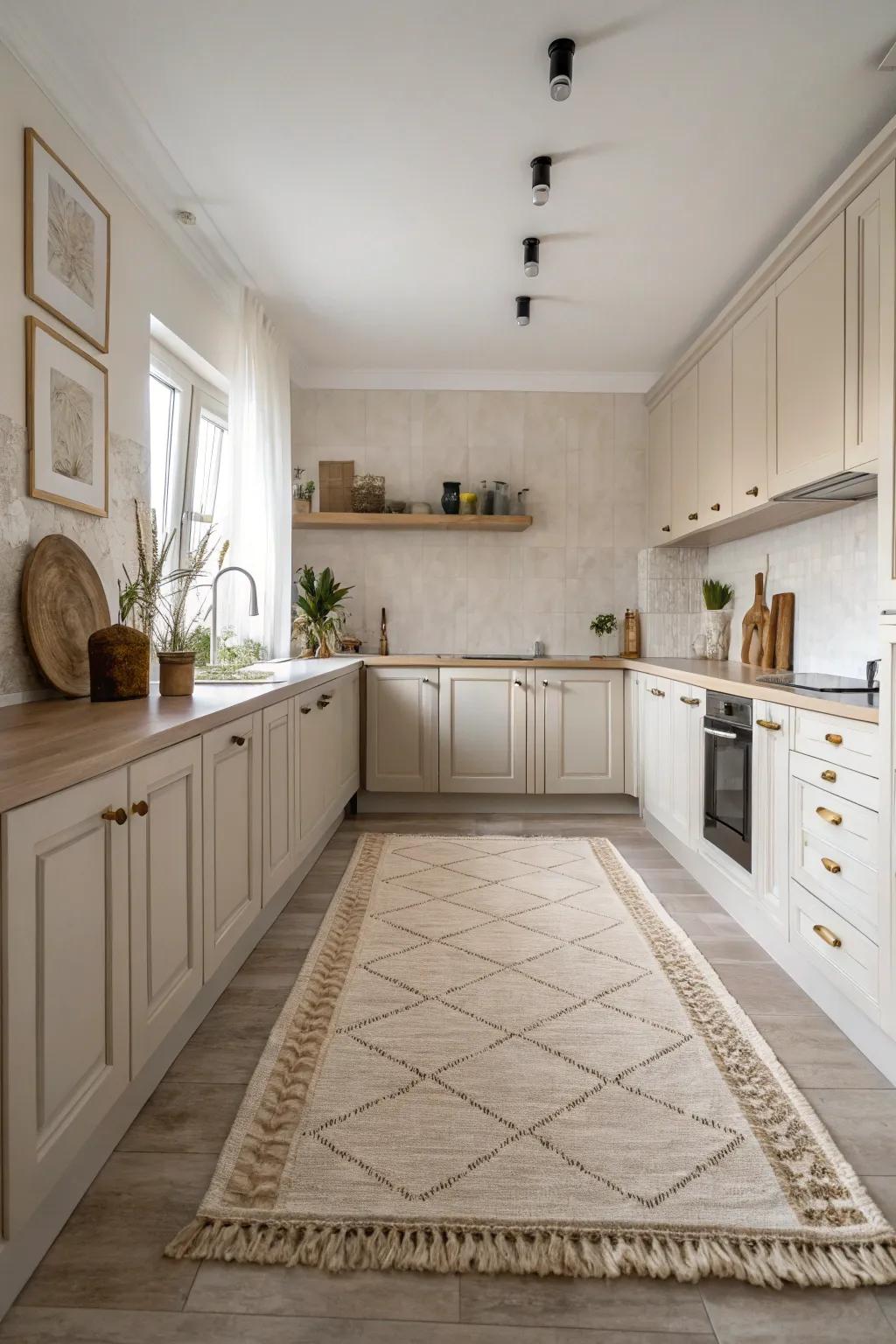 Neutral-toned rugs offer timeless elegance and calm to any kitchen.