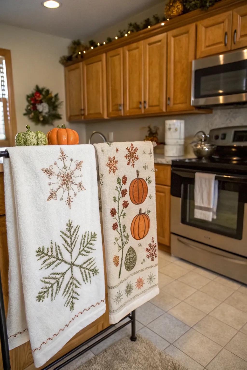 Seasonal towels add a festive flair to your kitchen.