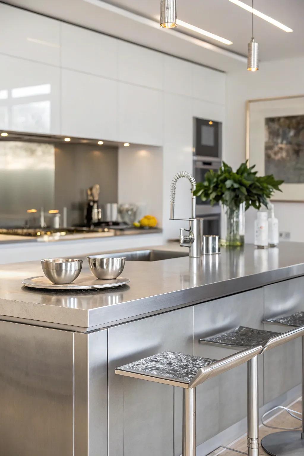 Stainless steel worktops lend a sleek, professional touch.