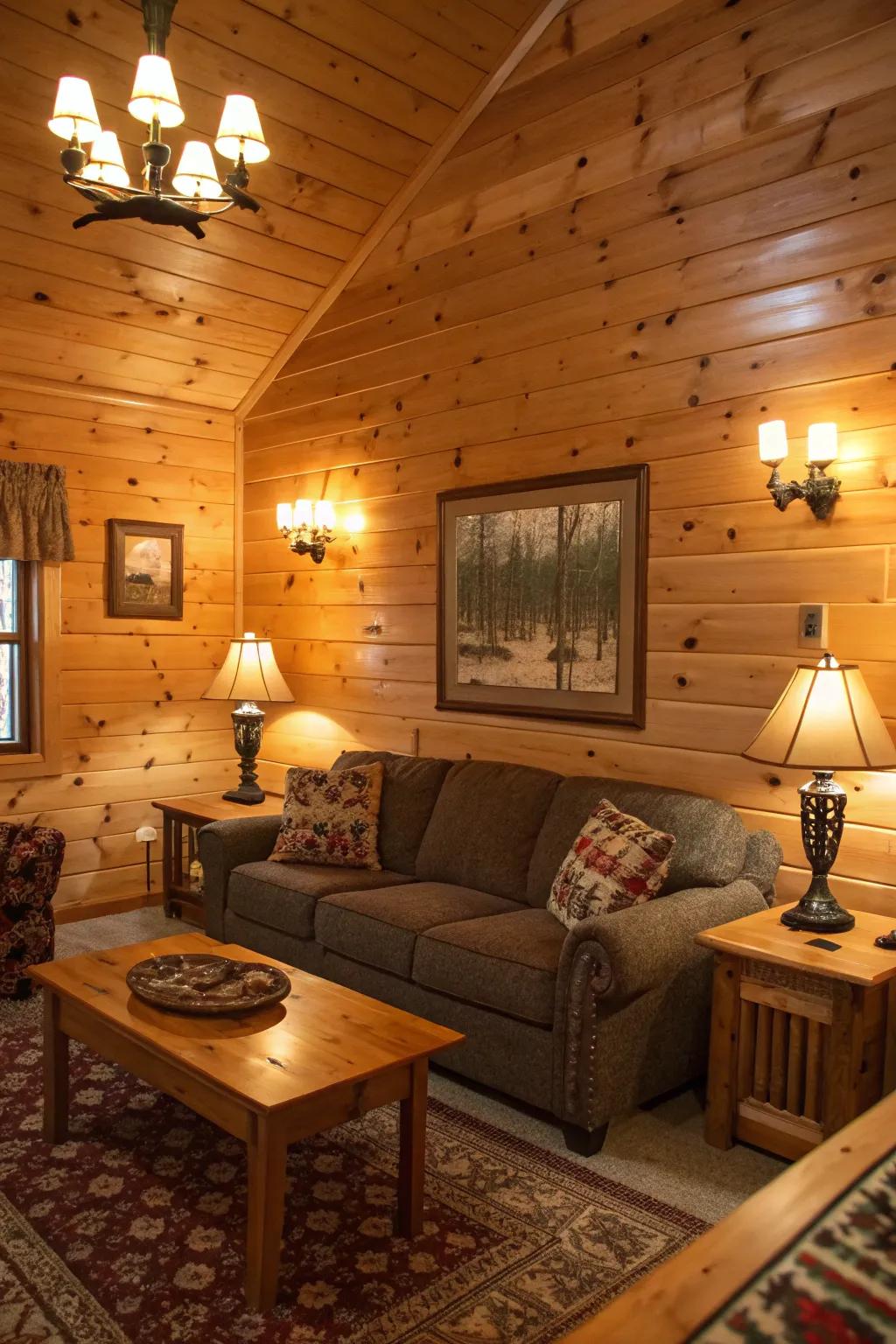 Warm lighting fixtures casting a cozy glow on knotty pine walls.