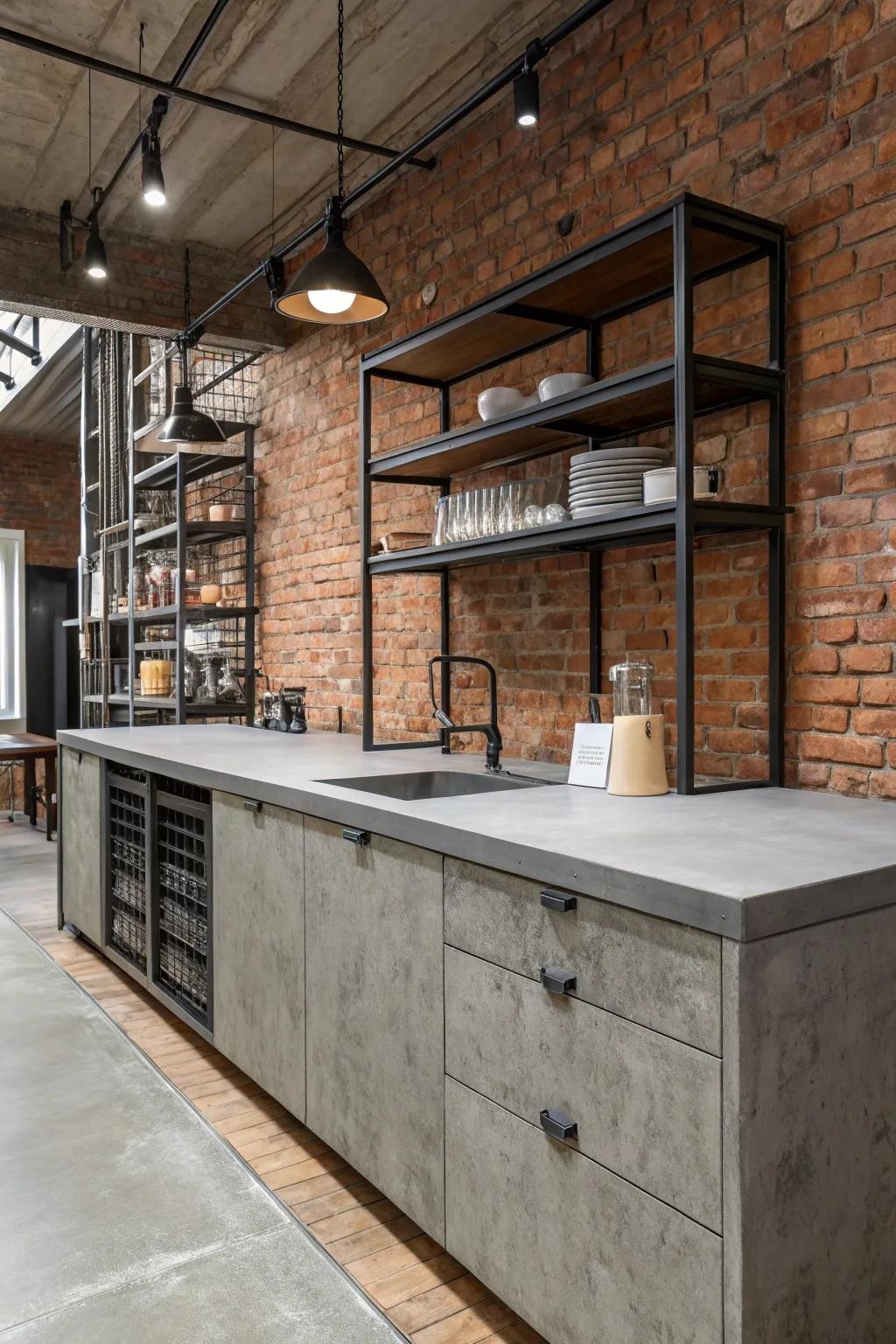 Concrete-look laminate creates a modern, industrial kitchen ambiance.