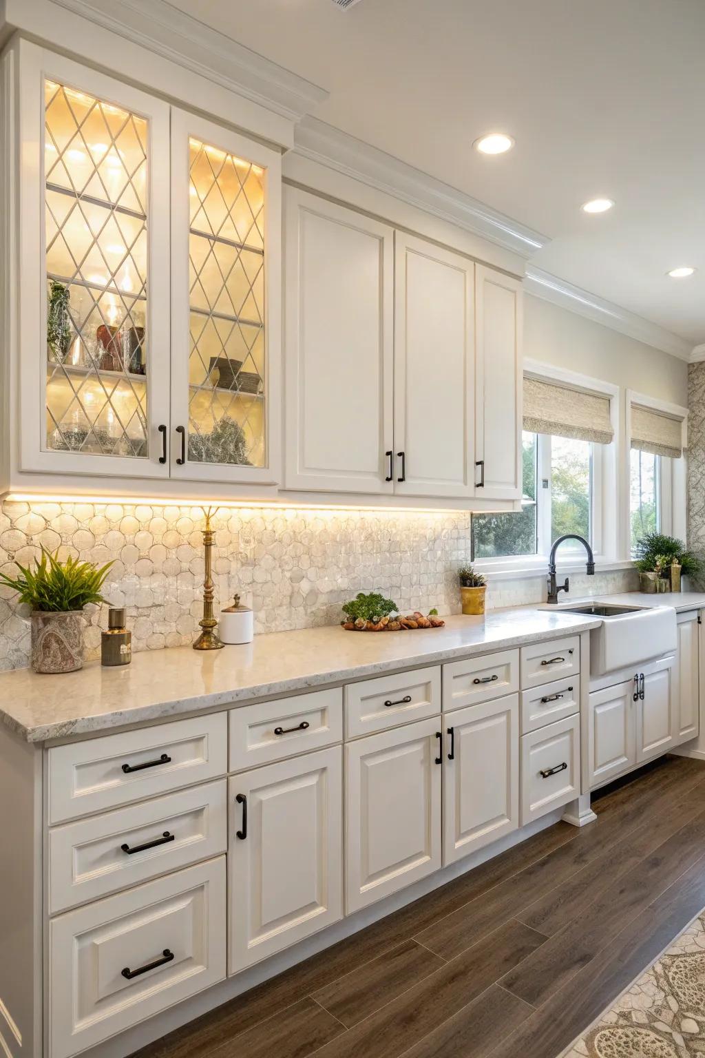 Bright white cabinets with laminate backsplash for an airy feel.