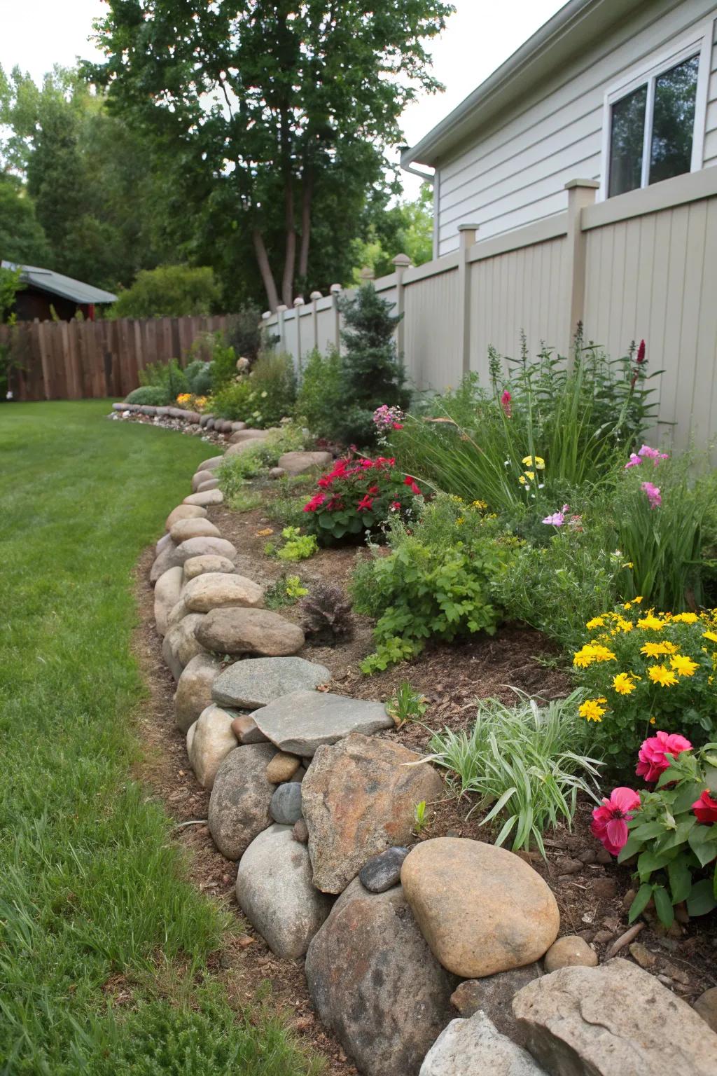 Stone and rock borders offer a rustic and natural garden appeal.