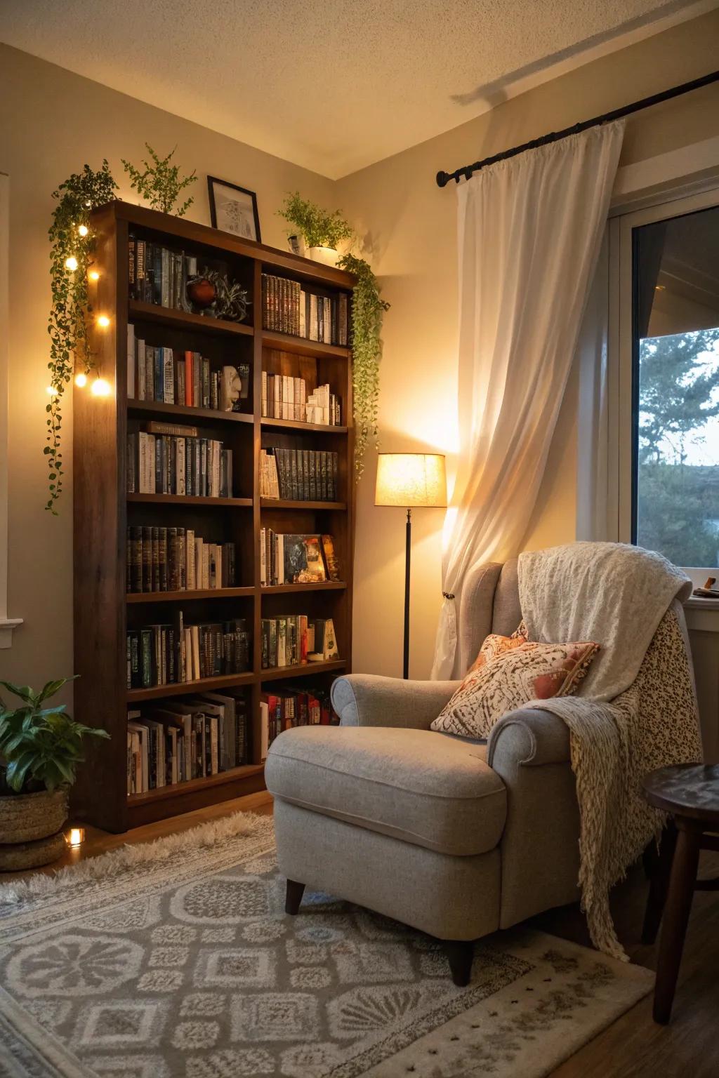 A cozy nook surrounded by books invites you to unwind and relax.