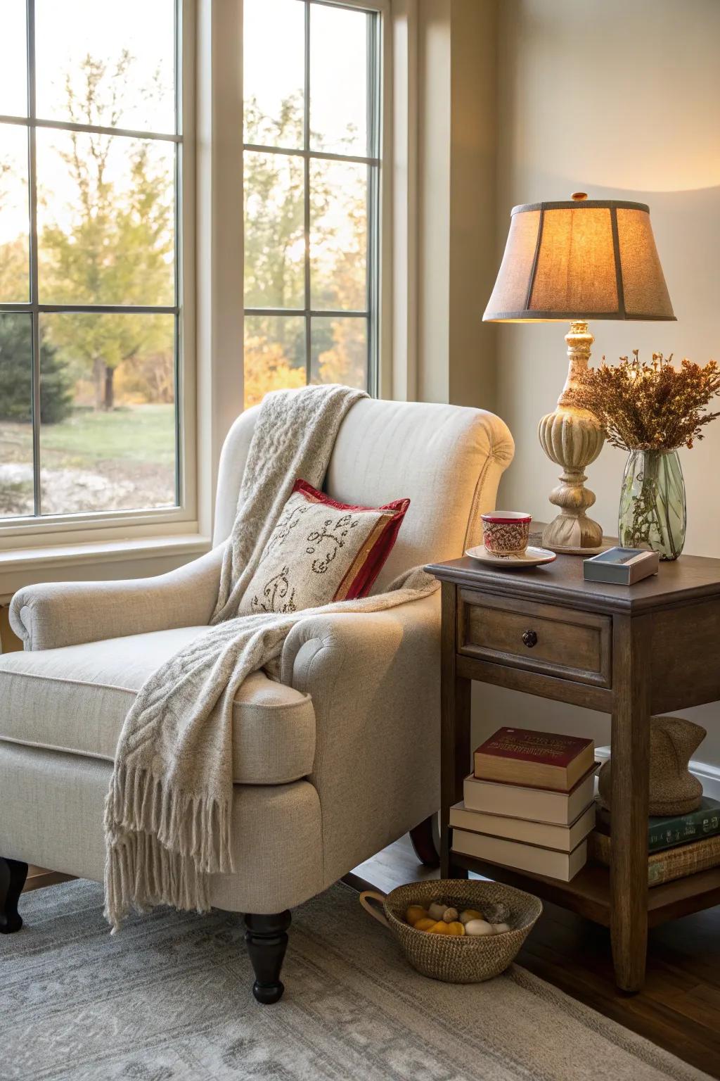 A serene reading nook by the window, perfect for afternoon relaxation.