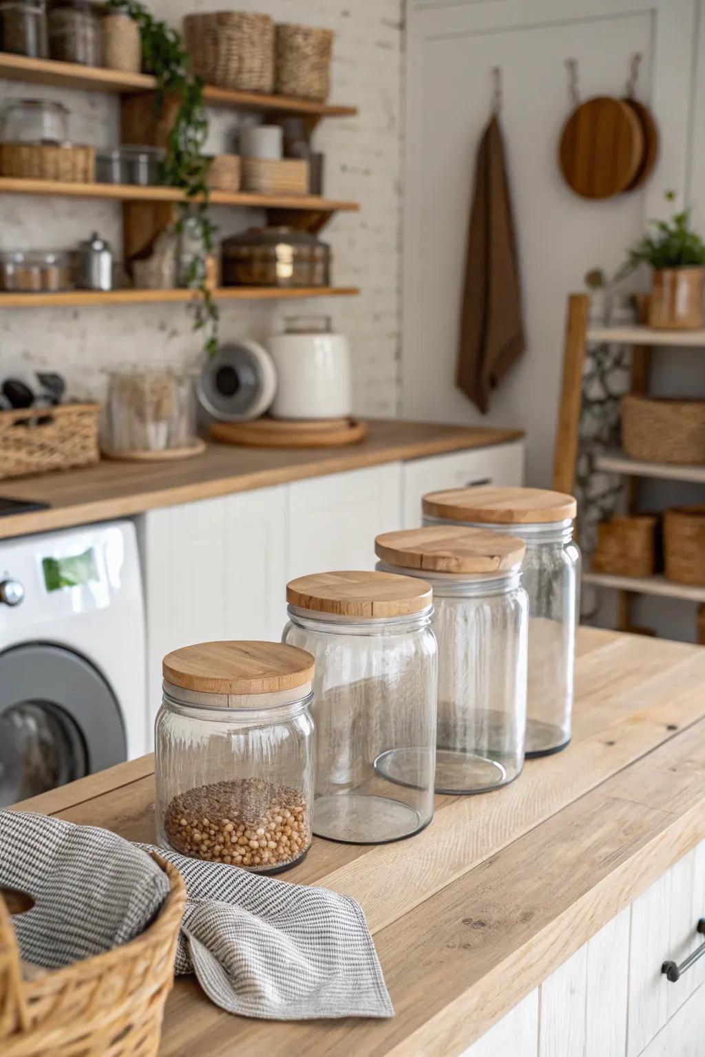 Wooden lids add a rustic charm to glass jars.