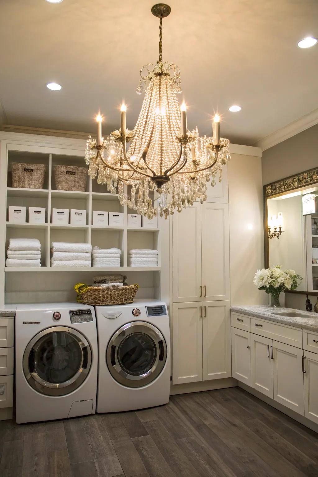 A chandelier adds an unexpected touch of luxury to your laundry room.