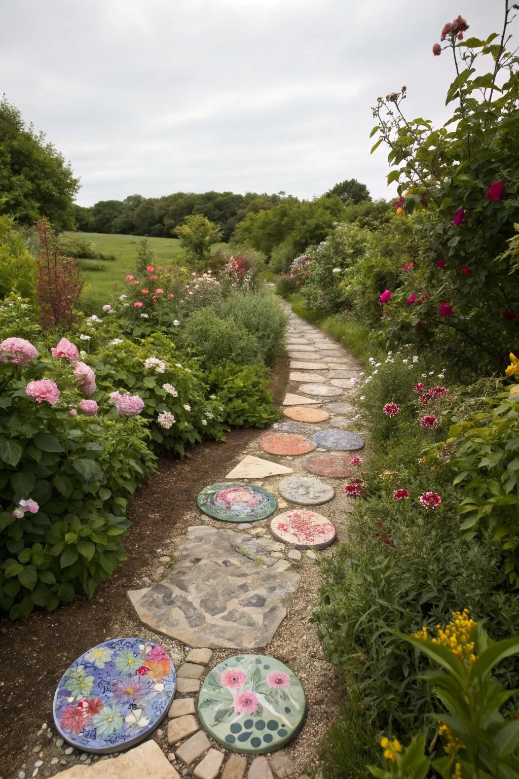 A garden path with vibrant stepping stones made from plate pieces.