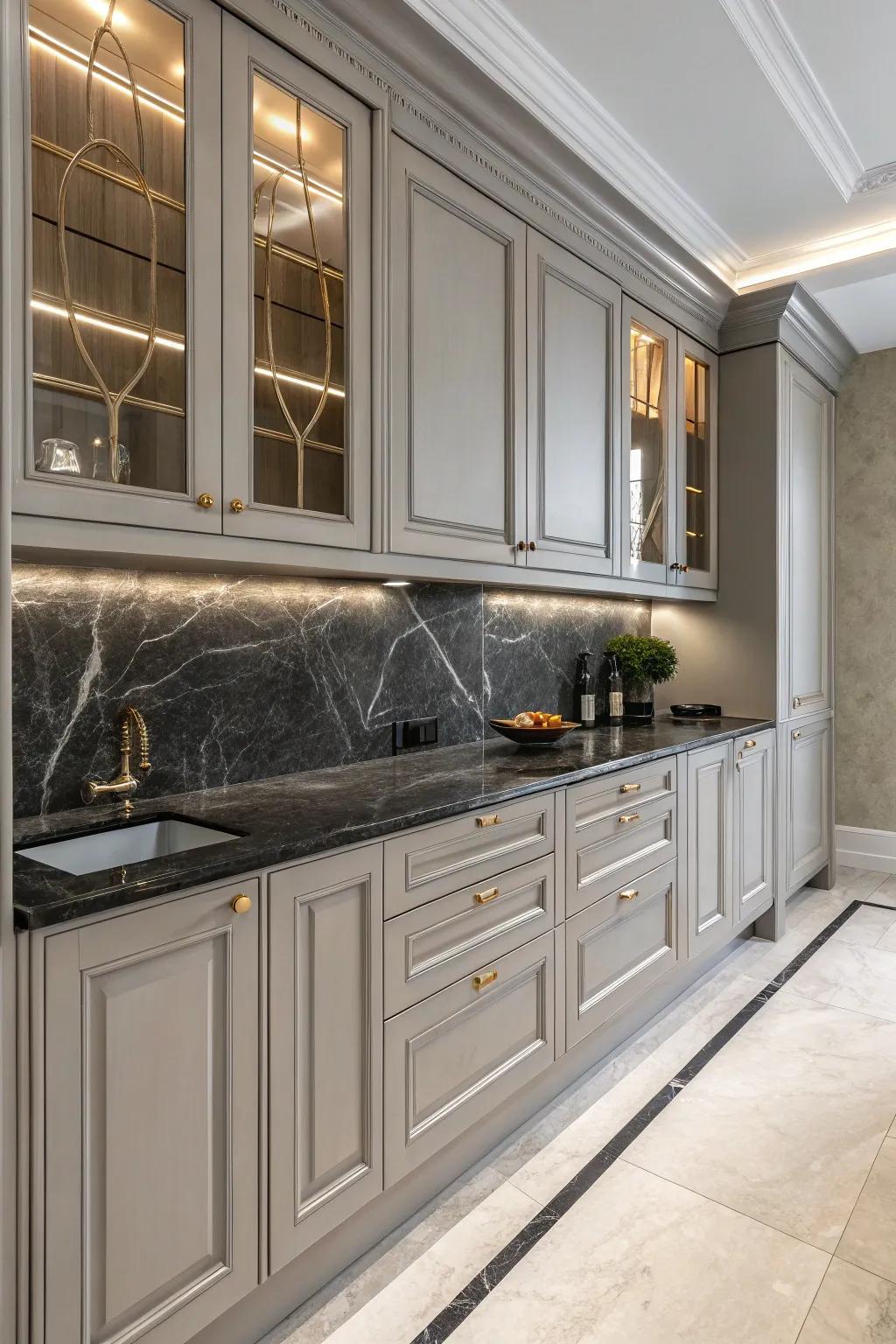Dark countertops create a bold contrast against light grey cabinets.