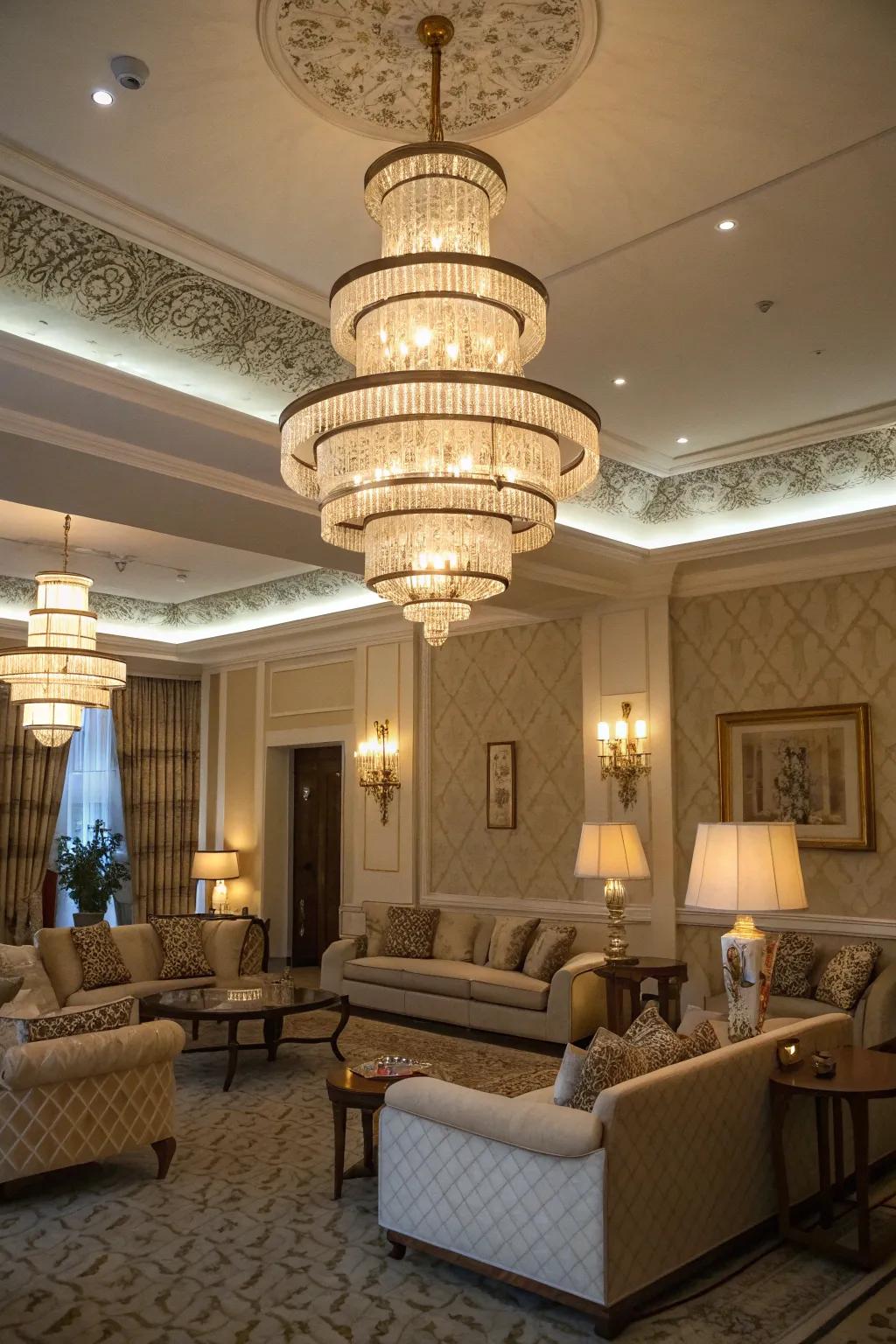 Layered lighting with chandeliers brings depth and warmth.