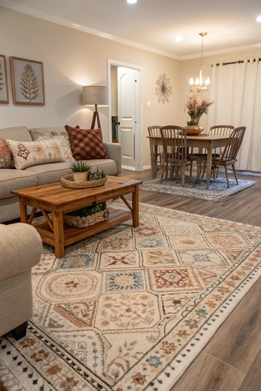 Rugs define spaces and add a layer of cozy elegance.