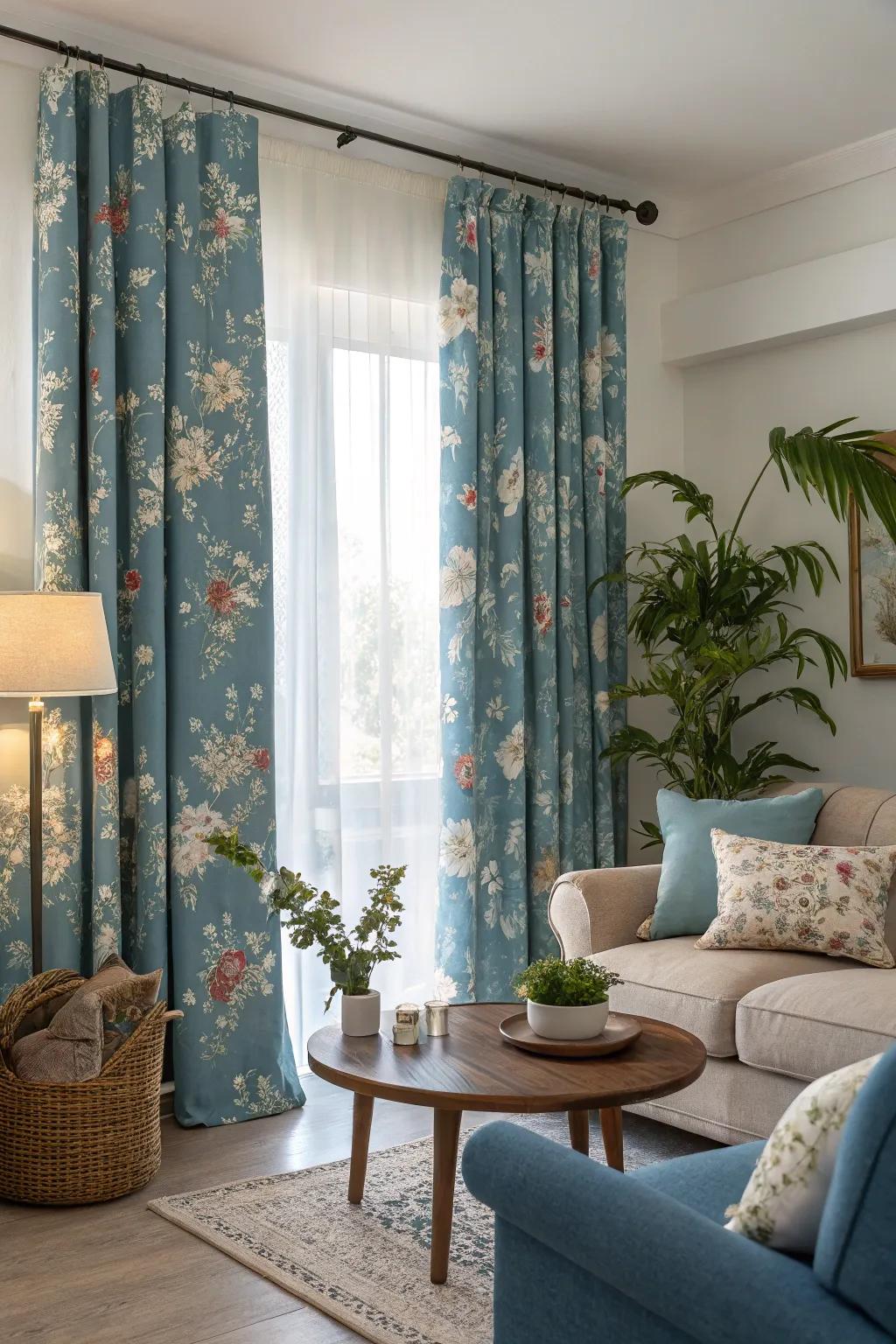 Floral patterned blue curtains add a charming and whimsical touch to this living space.