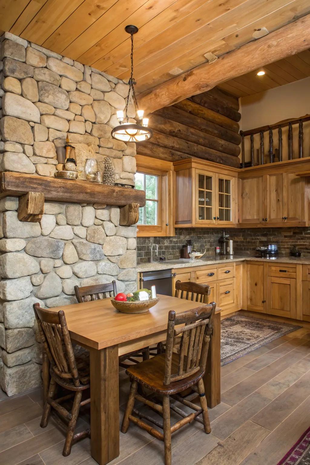 A rustic kitchen with a stone backsplash, perfectly complementing wooden elements.