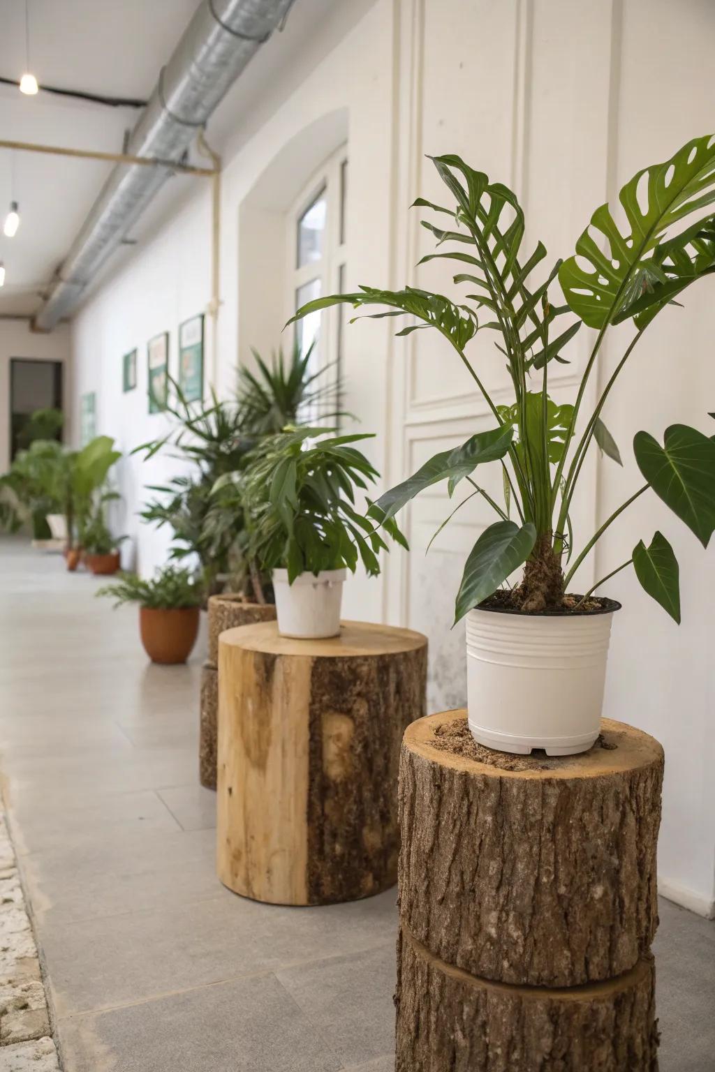 Logs used as stylish plant stands in an indoor setting.