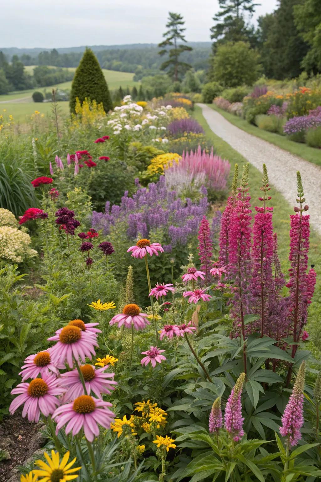 A garden alive with mixed perennial textures and hues.