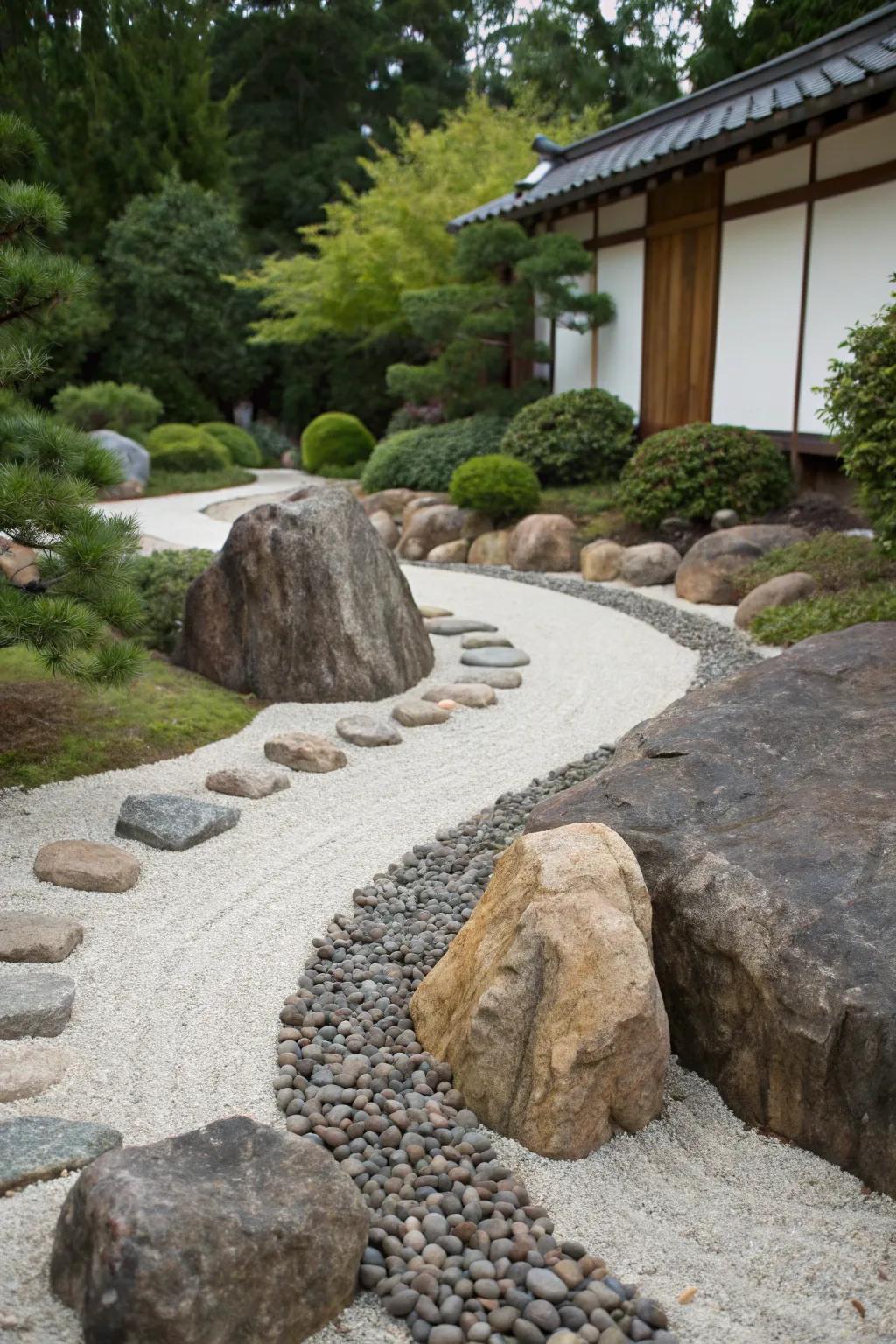 A winding pebble pathway through a rock garden.