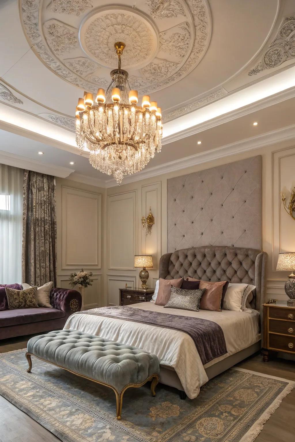 A luxurious bedroom illuminated by an elegant vintage chandelier.